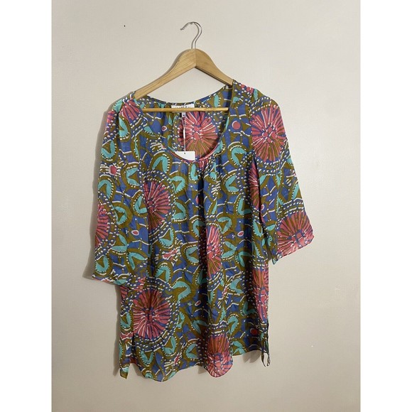 NWT Tibi NY 100% silk multicolor 3/4 sleeve sheer tunic top beach cover up sz M - Picture 6 of 9